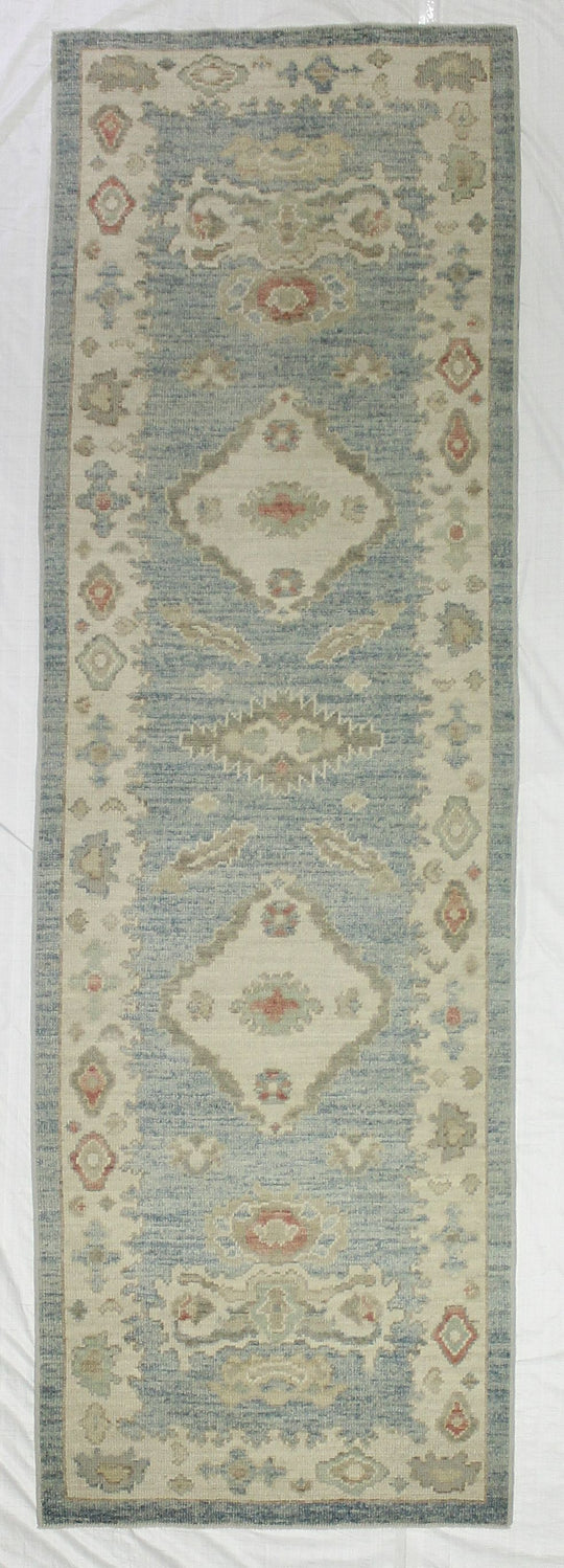 3x10 Blue and Ivory Turkish Oushak Runner