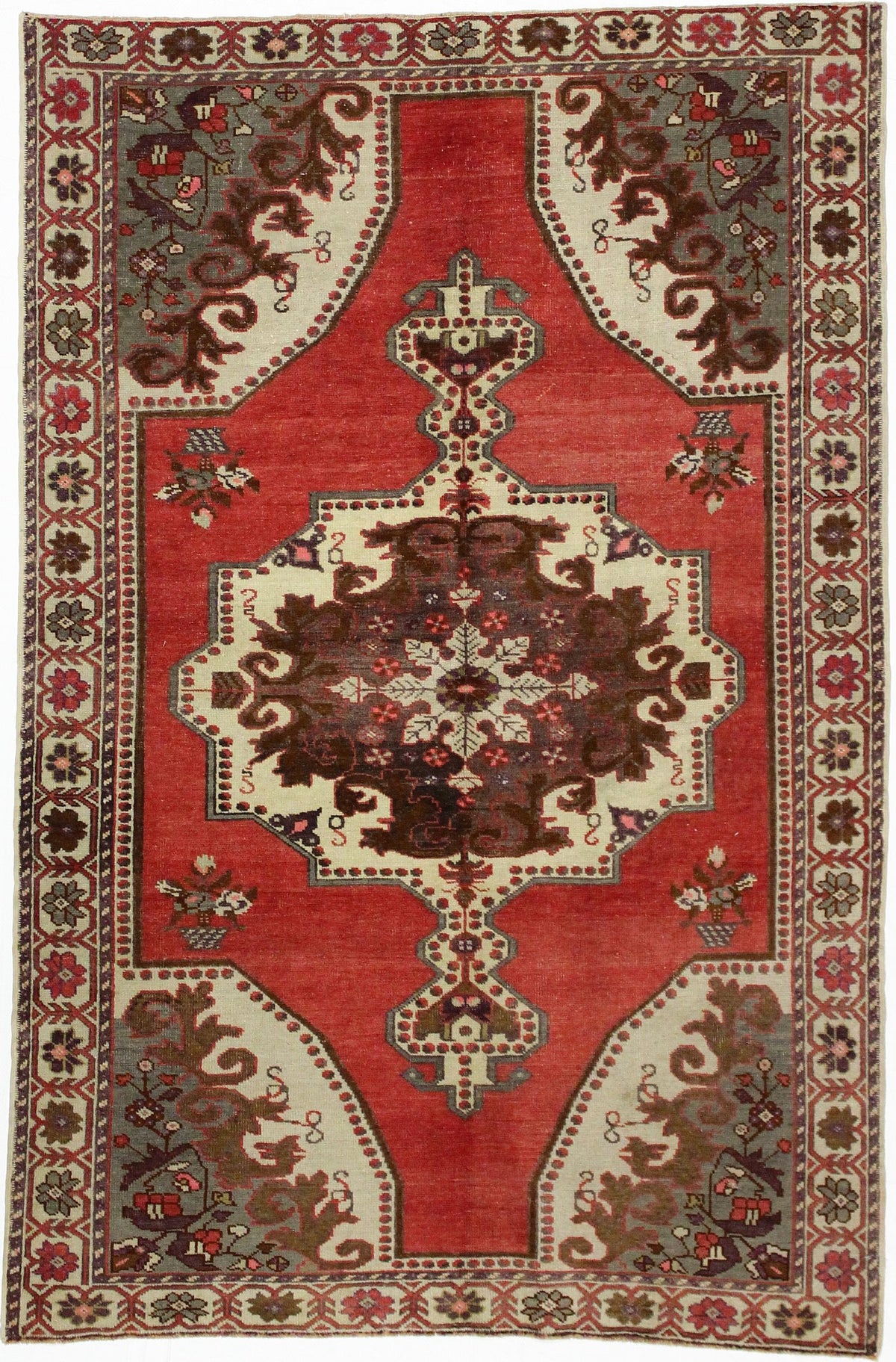 5x7 Red and Ivory Turkish Tribal Rug