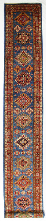 3x23 Red and Blue Kazak Tribal Runner