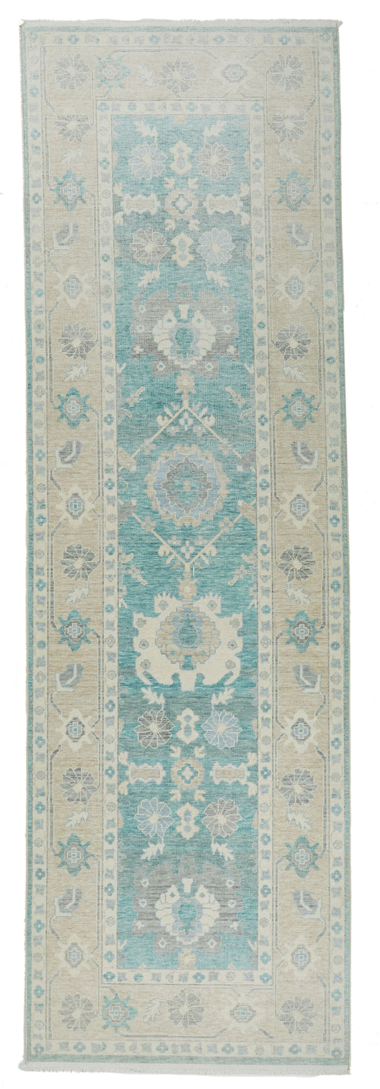 3x11 Green and Beige Turkish Traditional Runner