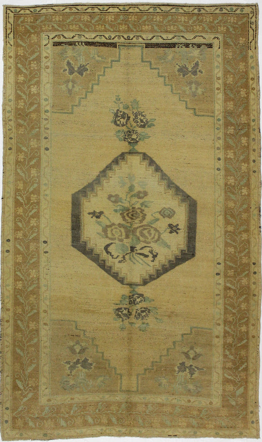 5x9 Brown and Green Turkish Tribal Rug