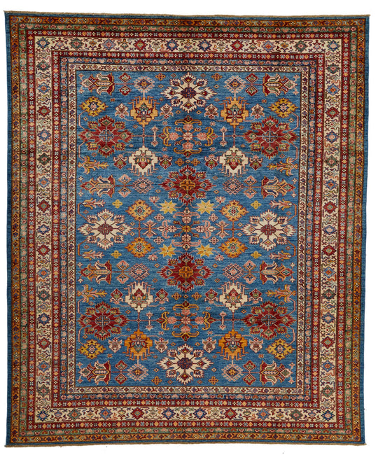 8x10 Blue and Ivory Kazak Tribal Rug