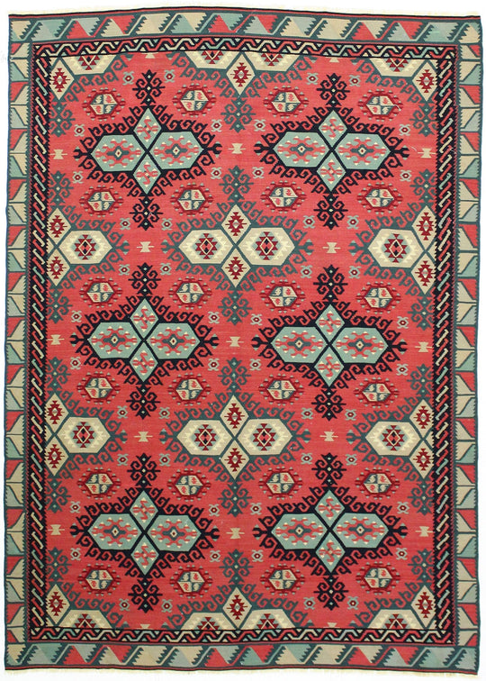7x9 Rust and Blue Turkish Tribal Rug