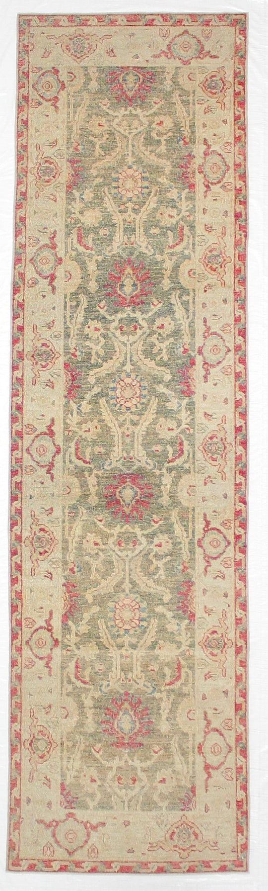 3x10 Green and Ivory Turkish Oushak Runner