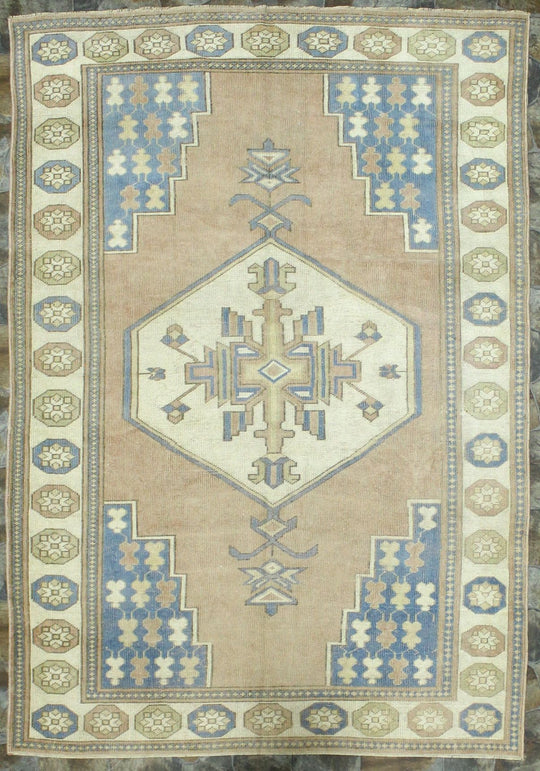6x8 Beige and Blue Turkish Tribal Rug