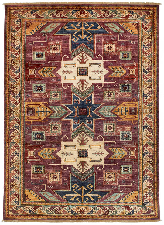 6x8 Purple and Ivory Turkish Tribal Rug