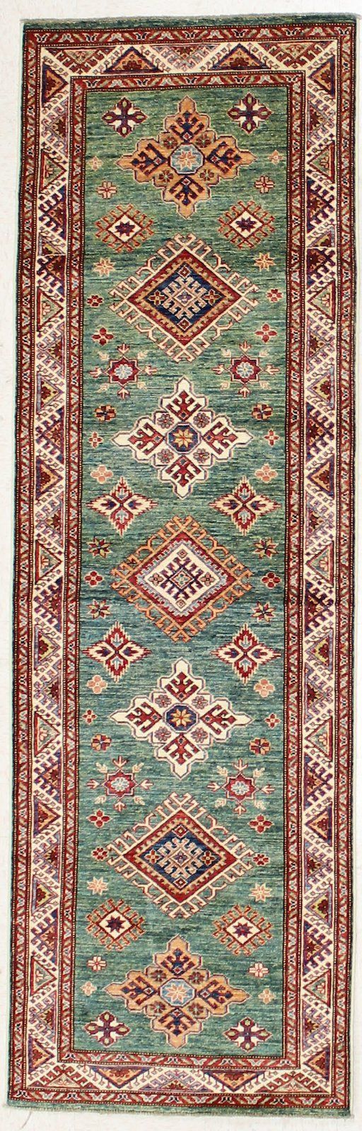 Vintage Handmade 3x8 Green and Ivory Anatolian Caucasian Tribal Distressed Area Runner