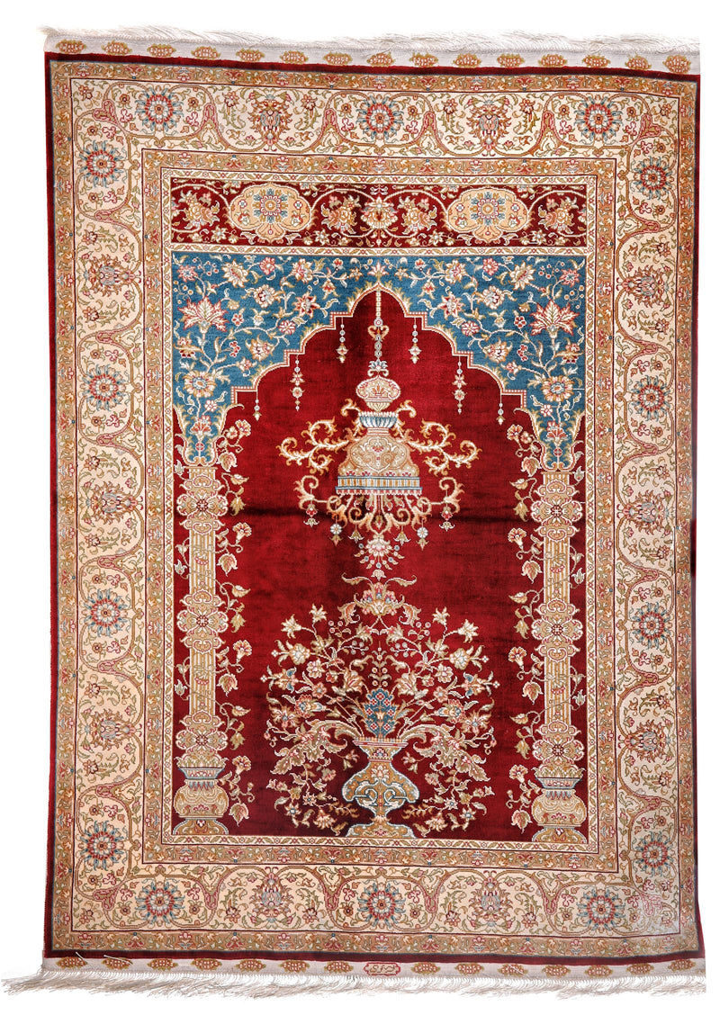 Vintage Handmade 3x4 Red and Ivory Anatolian Turkish Silk Hereke Distressed Area Rug