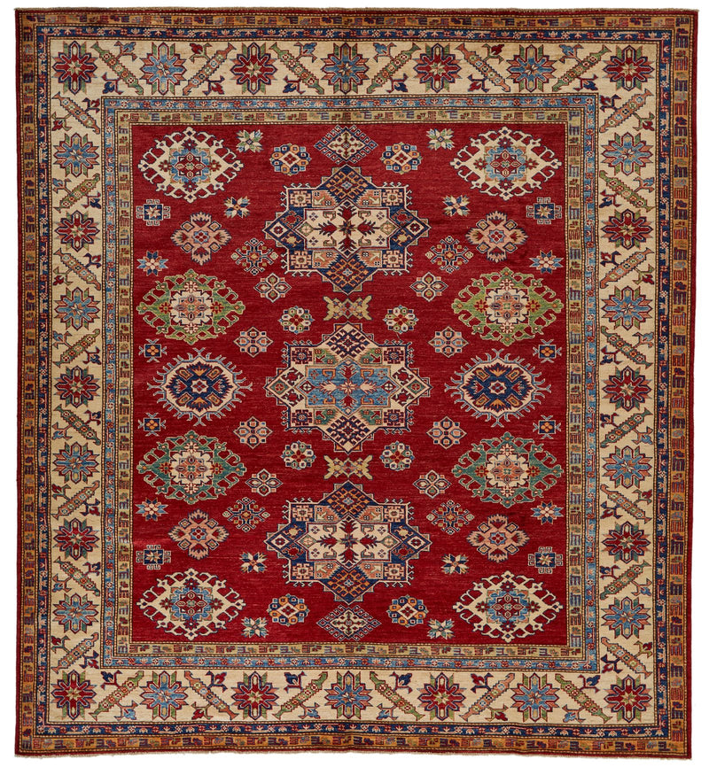 8x9 Red and Ivory Kazak Tribal Rug