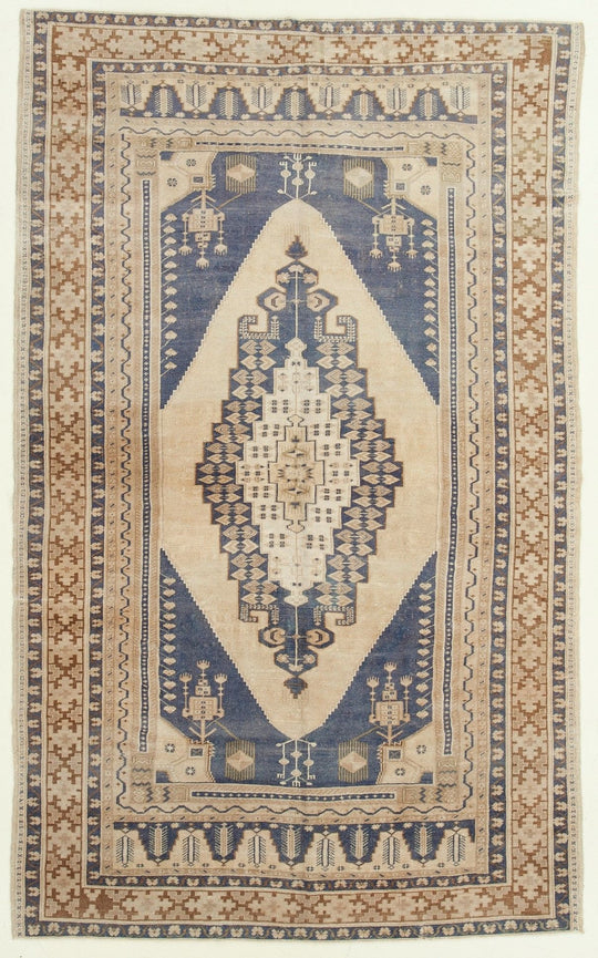 6x10 Blue and Ivory Turkish Tribal Rug