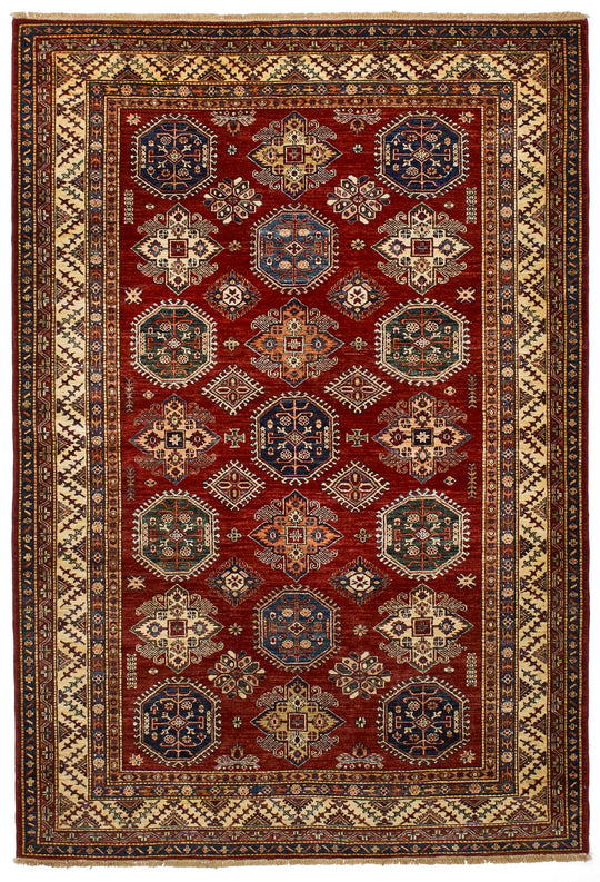 6x9 Red and Ivory Kazak Tribal Rug