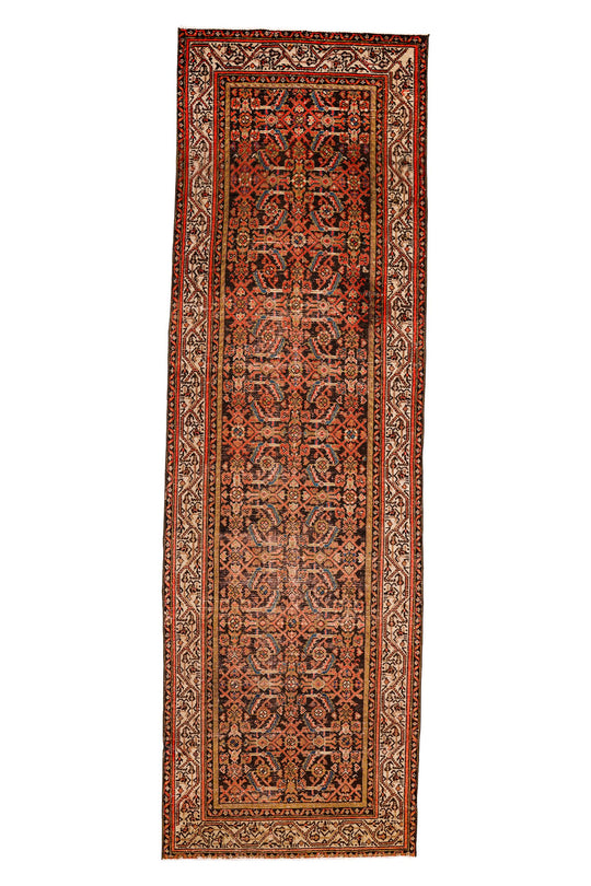 Vintage Handmade 3x11 Pink and Brown Persian Malayer Distressed Area Runner