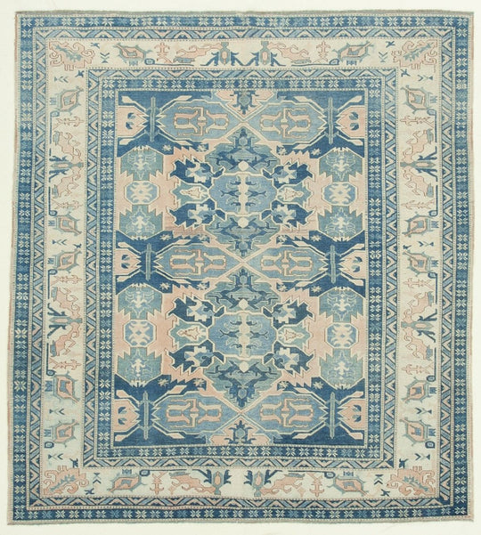 6x6 Blue and Ivory Turkish Tribal Rug