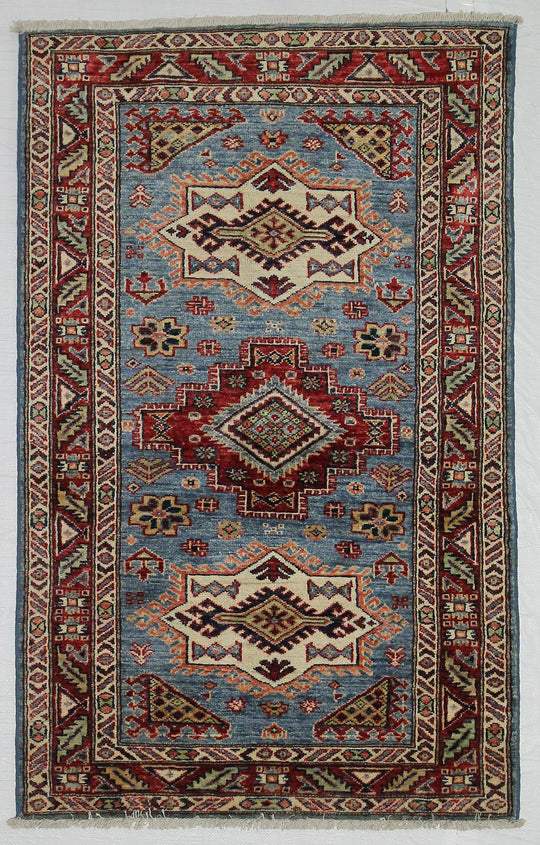 3x5 Blue and Red Kazak Tribal Rug