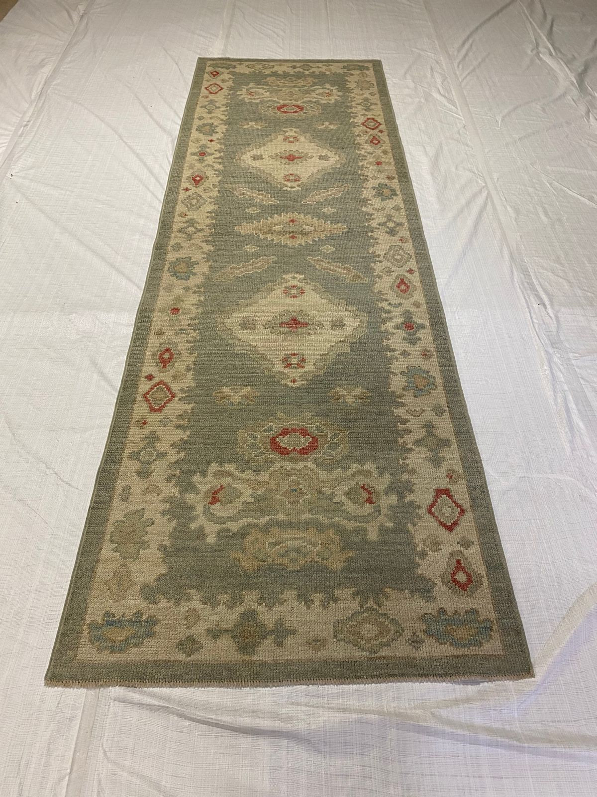 3x10 Blue and Ivory Turkish Oushak Runner
