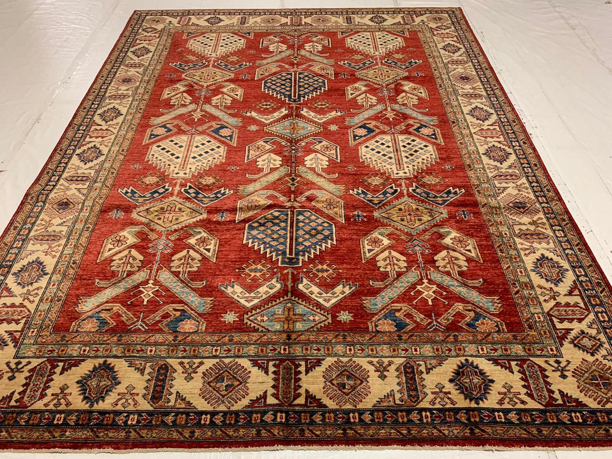 8x10 Red and Ivory Kazak Tribal Rug