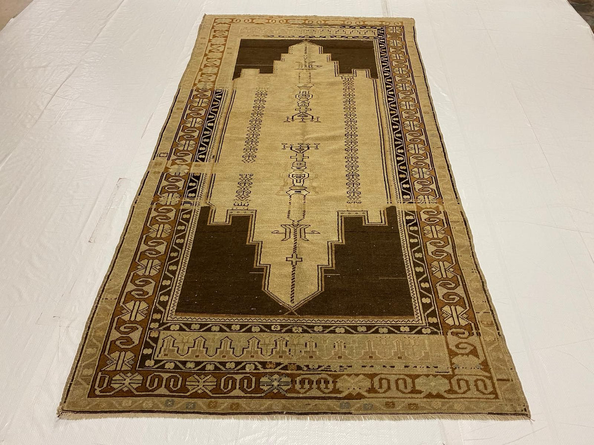 4x8 Ivory and Brown Turkish Tribal Rug