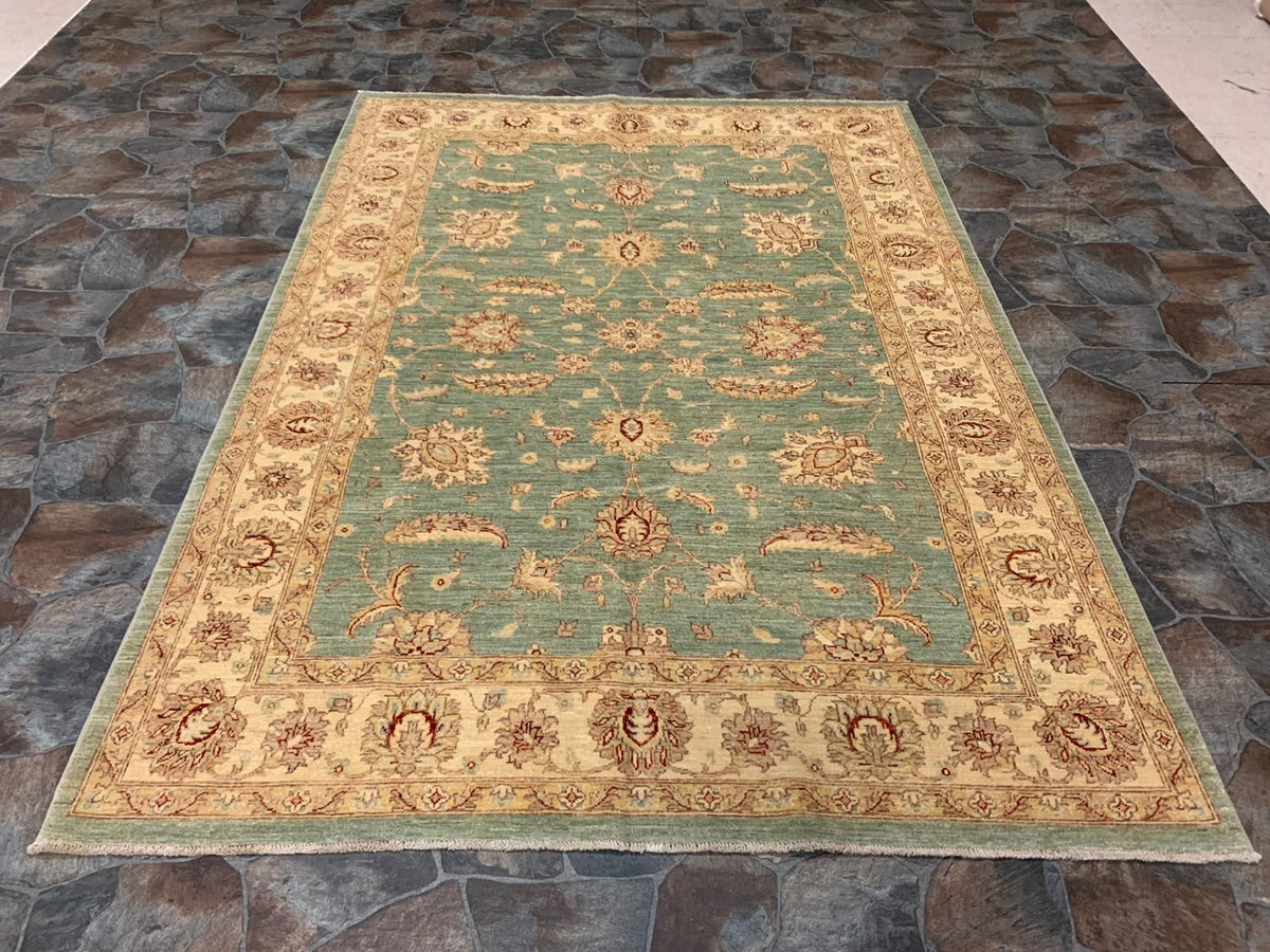 6x8 Green and Ivory Turkish Oushak Rug
