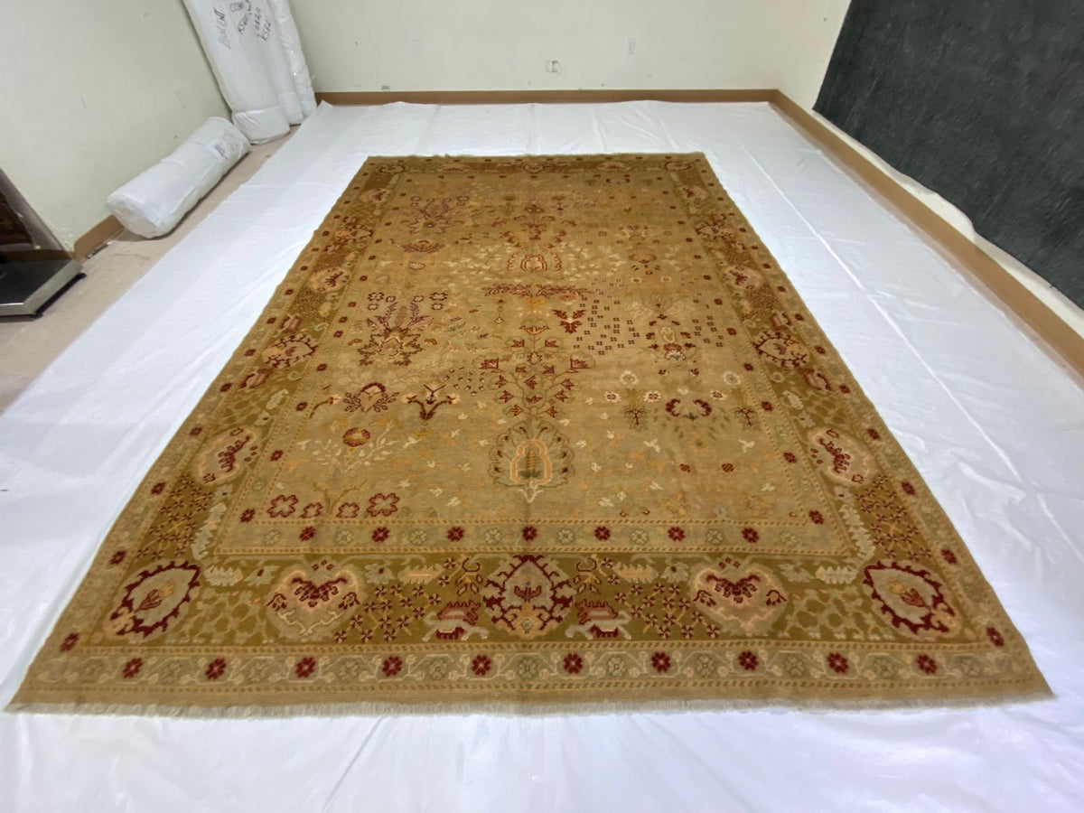Vintage Handmade 9x12 Beige and Red Anatolian Turkish Oushak Distressed Area Rug