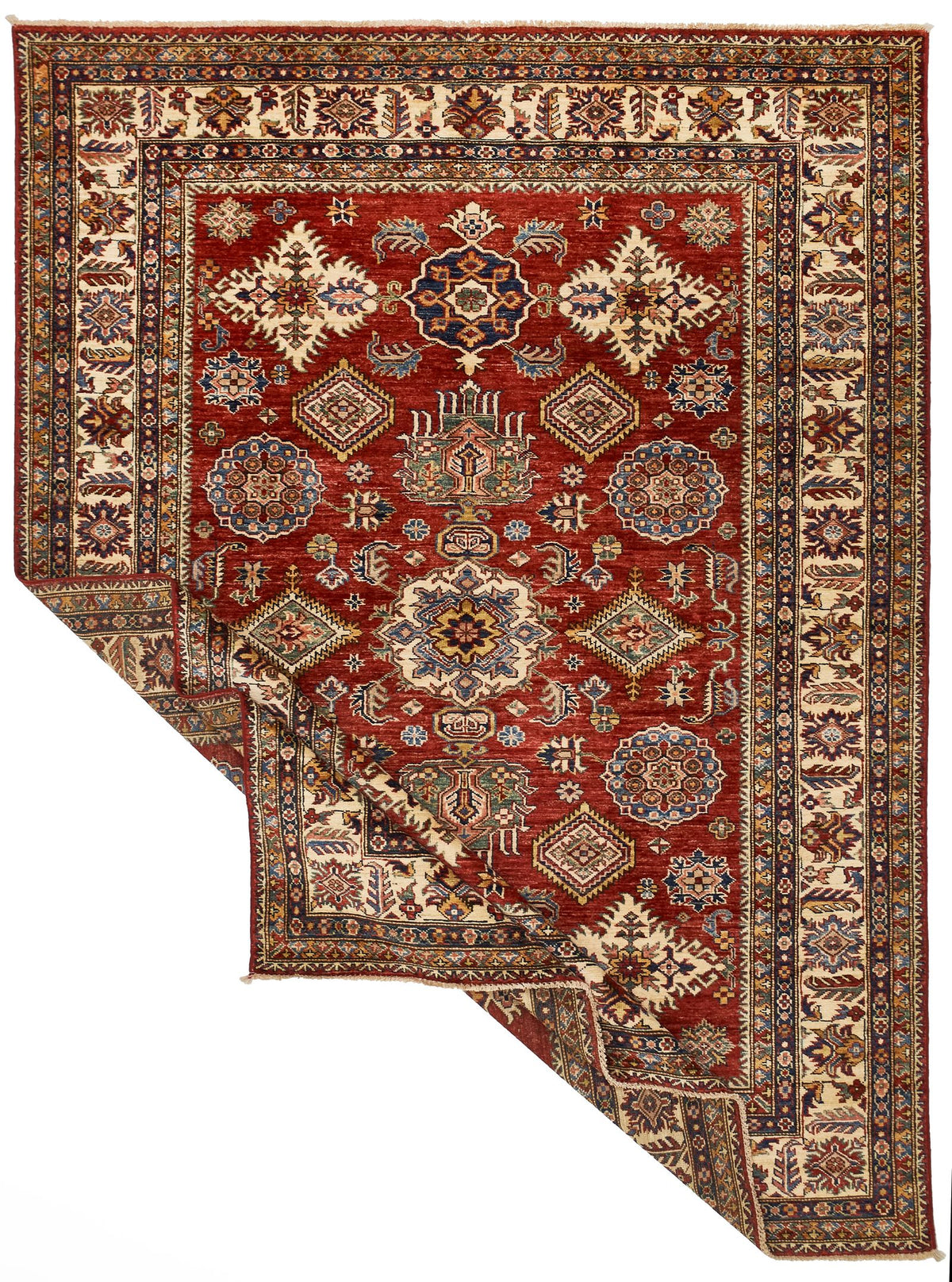 6x8 Red and Ivory Kazak Tribal Rug