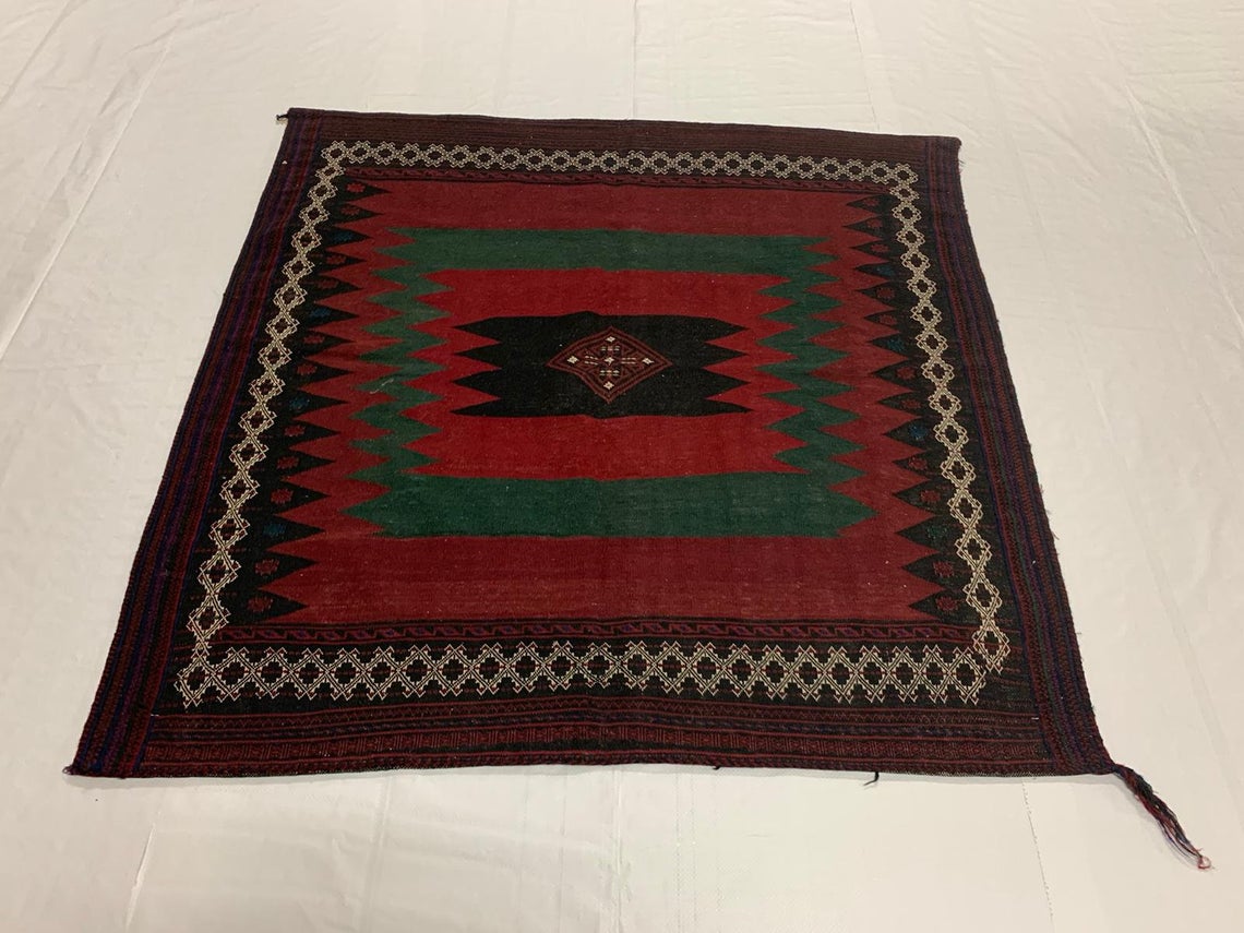 5x5 Red and Green Anatolian Tribal Rug