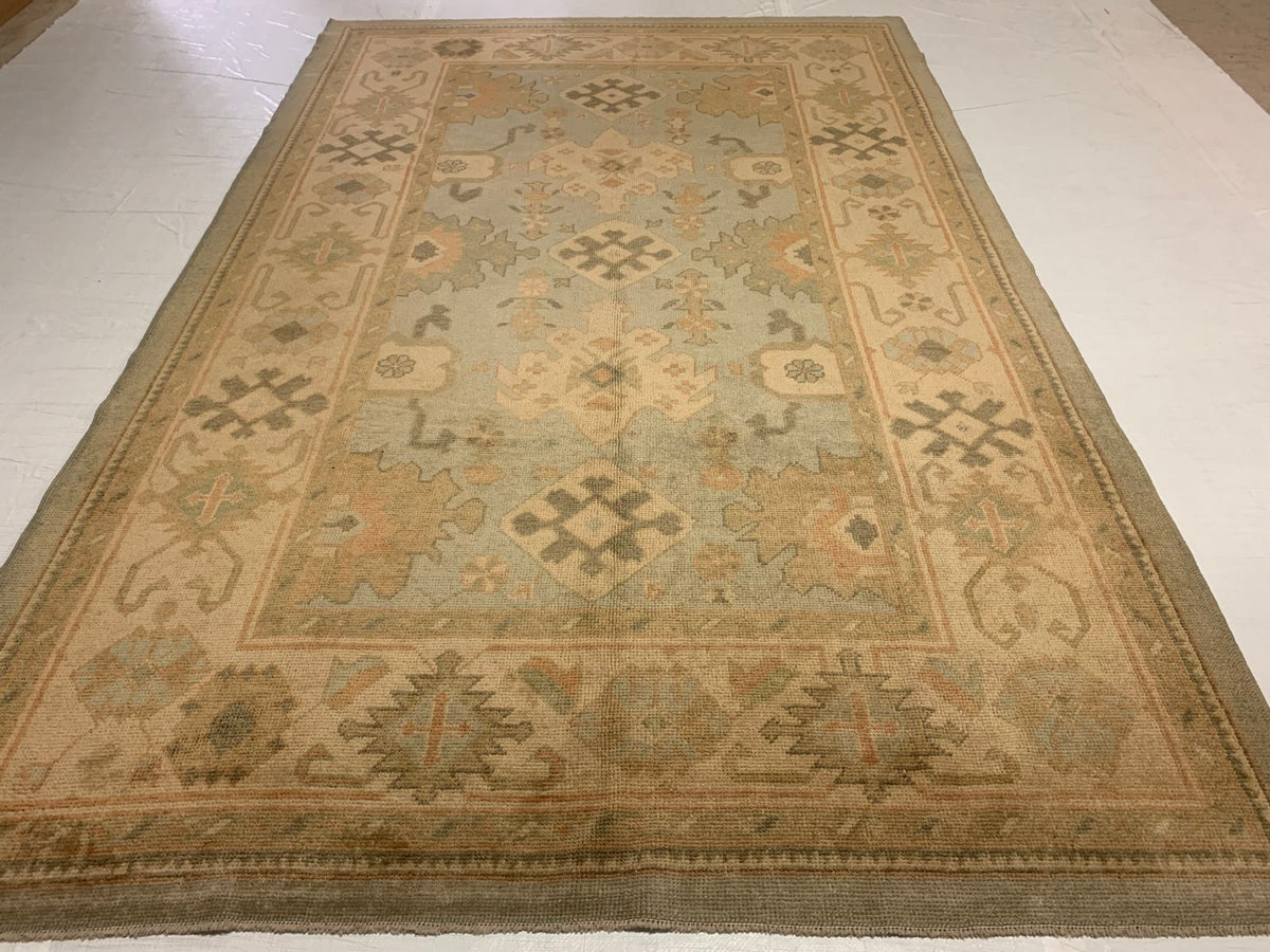 7x11 Blue and Ivory Turkish Oushak Rug