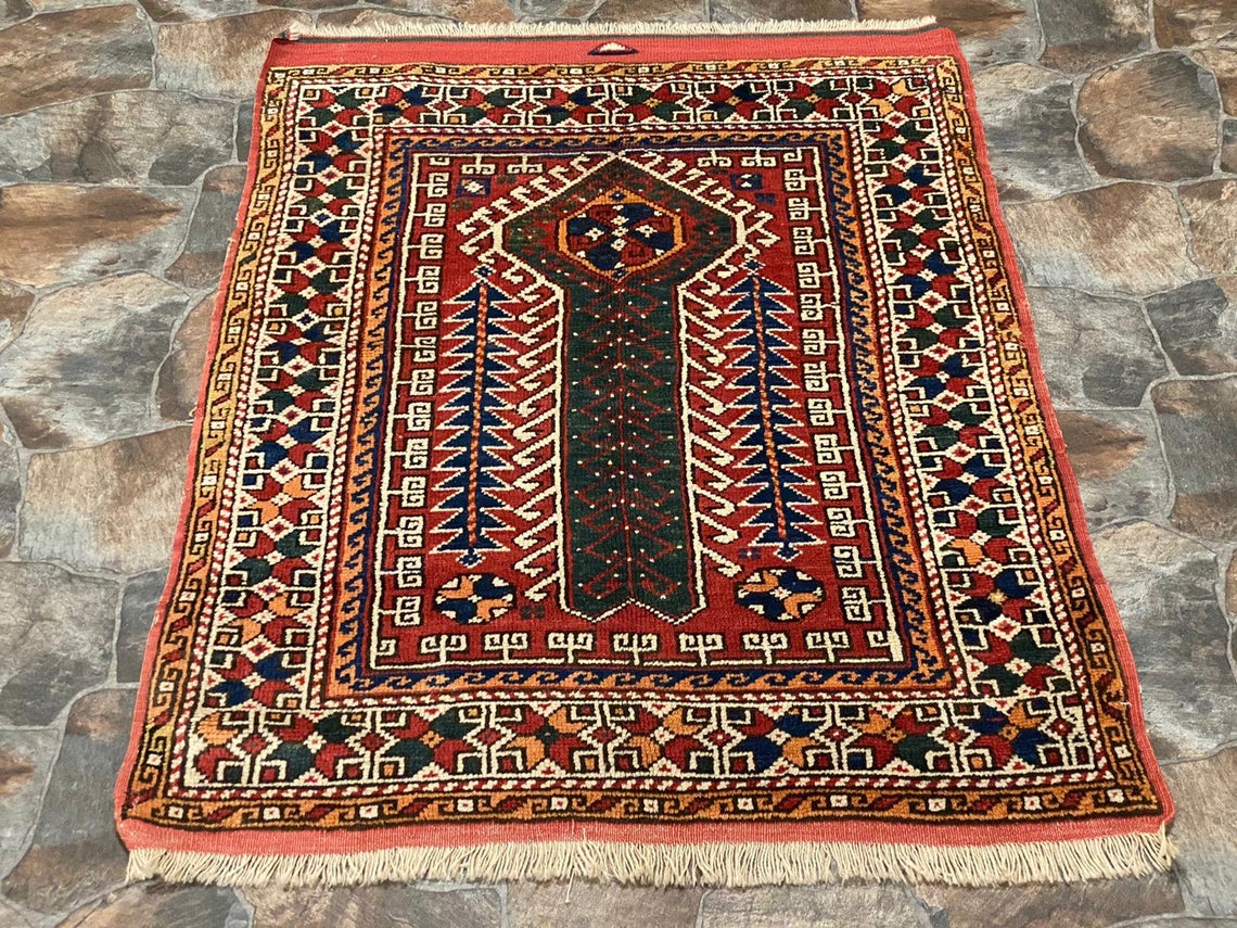 Vintage Handmade 3x5 Red and Multicolor Anatolian Turkish Tribal Distressed Area Rug