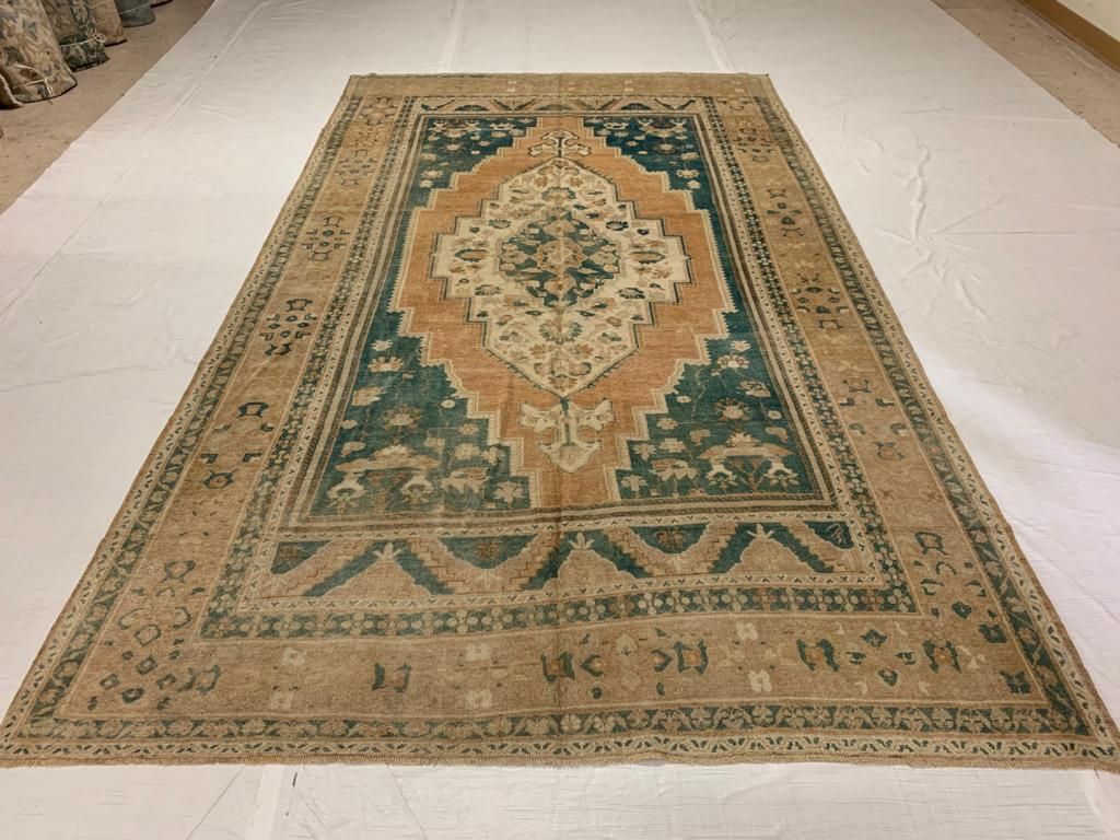 6x11 Peach and Light Blue Turkish Tribal Rug