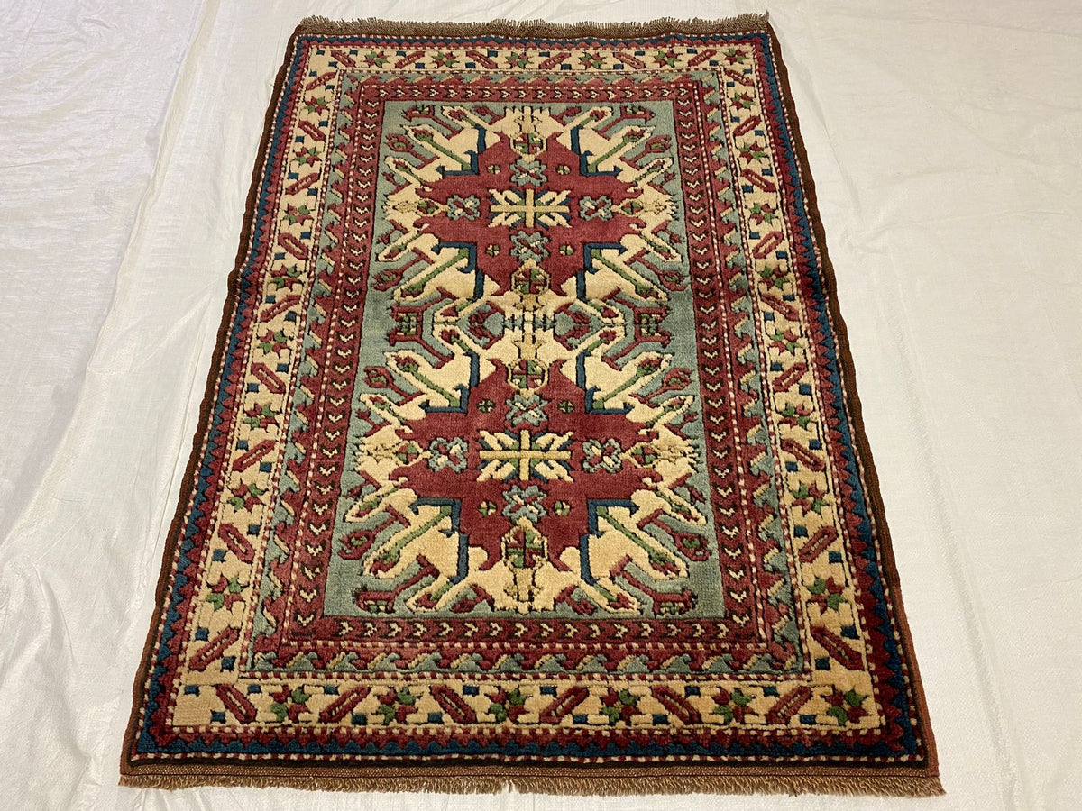 4x5 Red and Ivory Turkish Tribal Rug