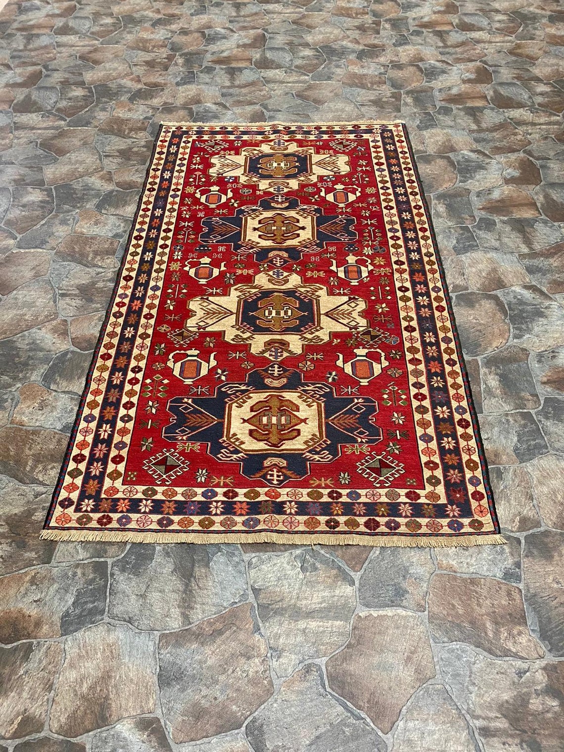 4x7 Red and Navy Turkish Patchwork Rug