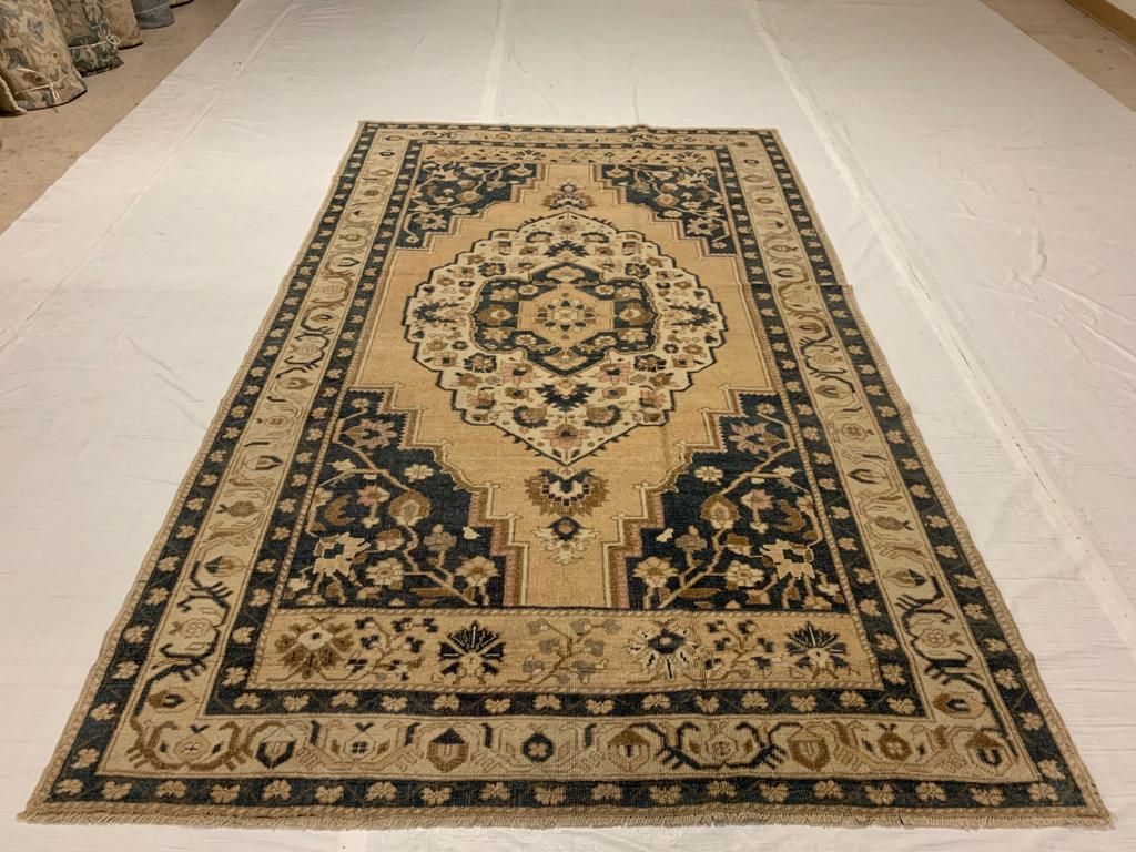 5x9 Blue and Beige Turkish Tribal Rug