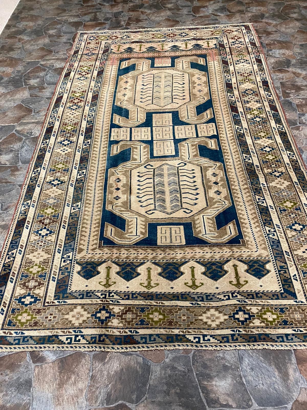 6x10 Beige and Navy Turkish Tribal Rug