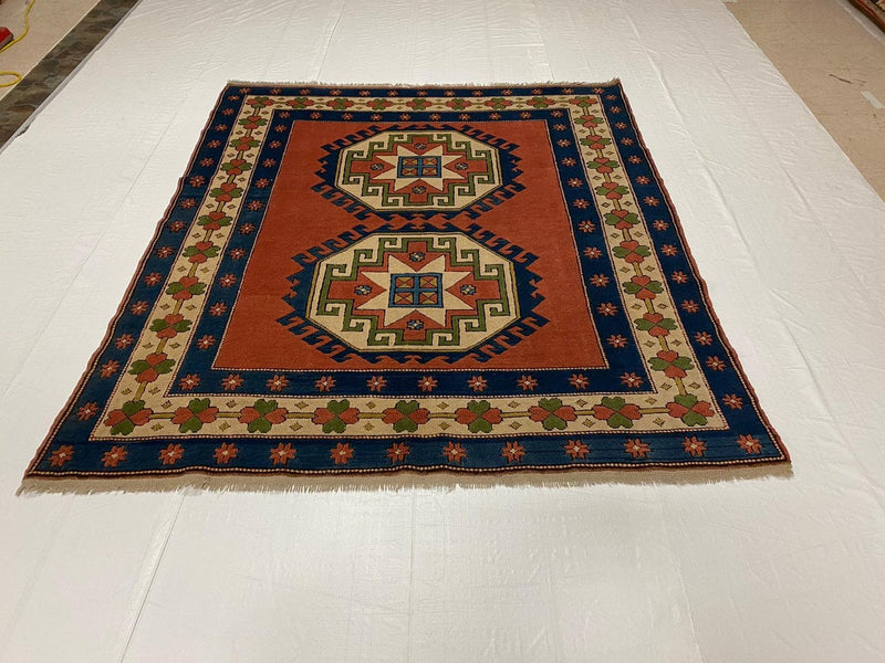 6x7 Red and Blue Turkish Tribal Rug