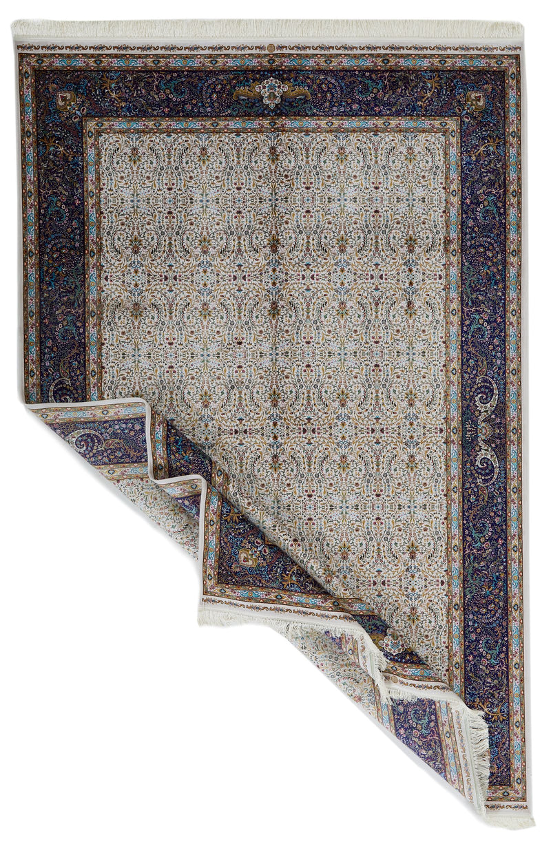 7x10 Ivory and Navy Turkish Antep Rug