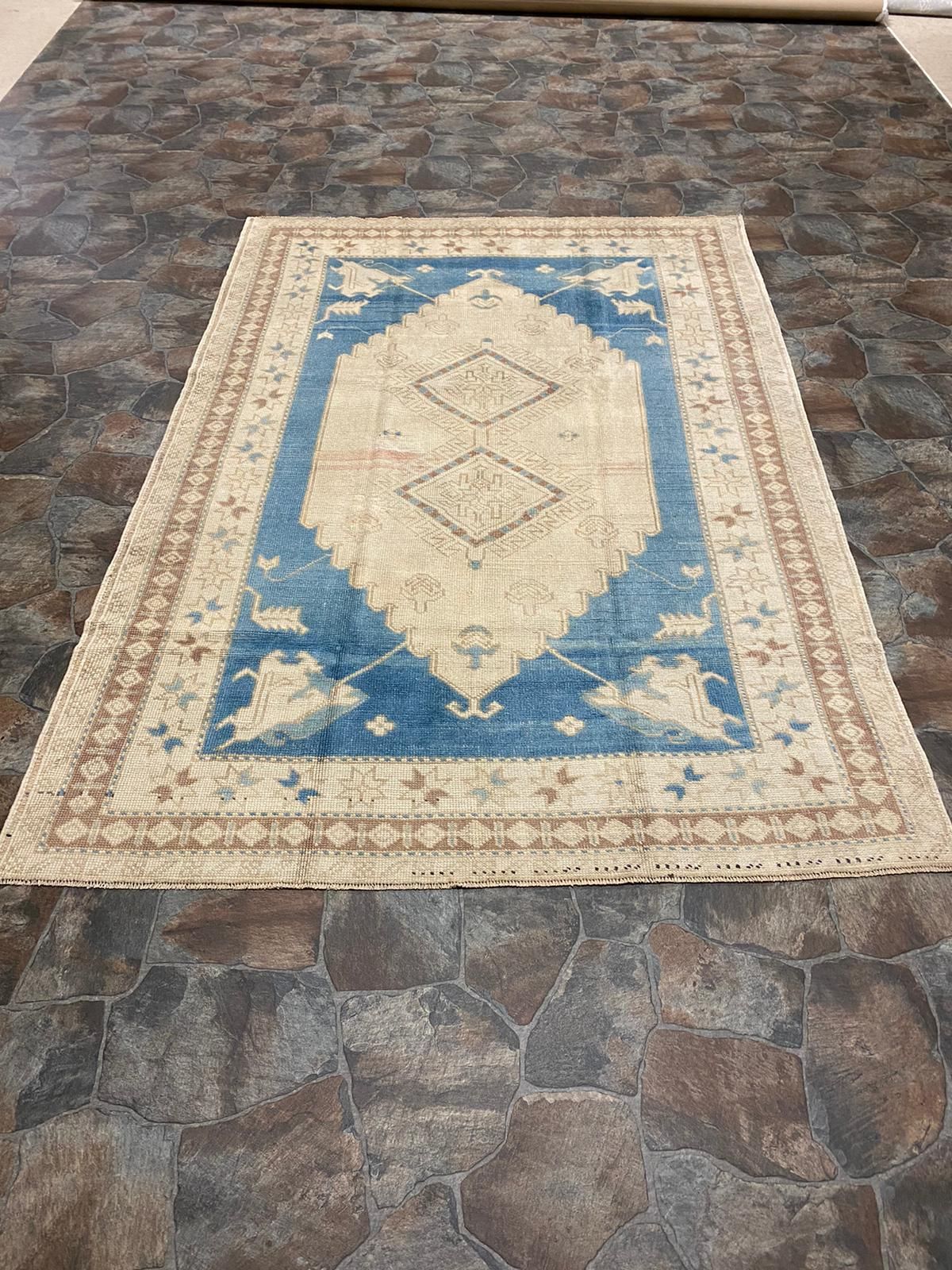 Vintage Handmade 5x8 Blue and Beige Anatolian Turkish Tribal Distressed Area Rug