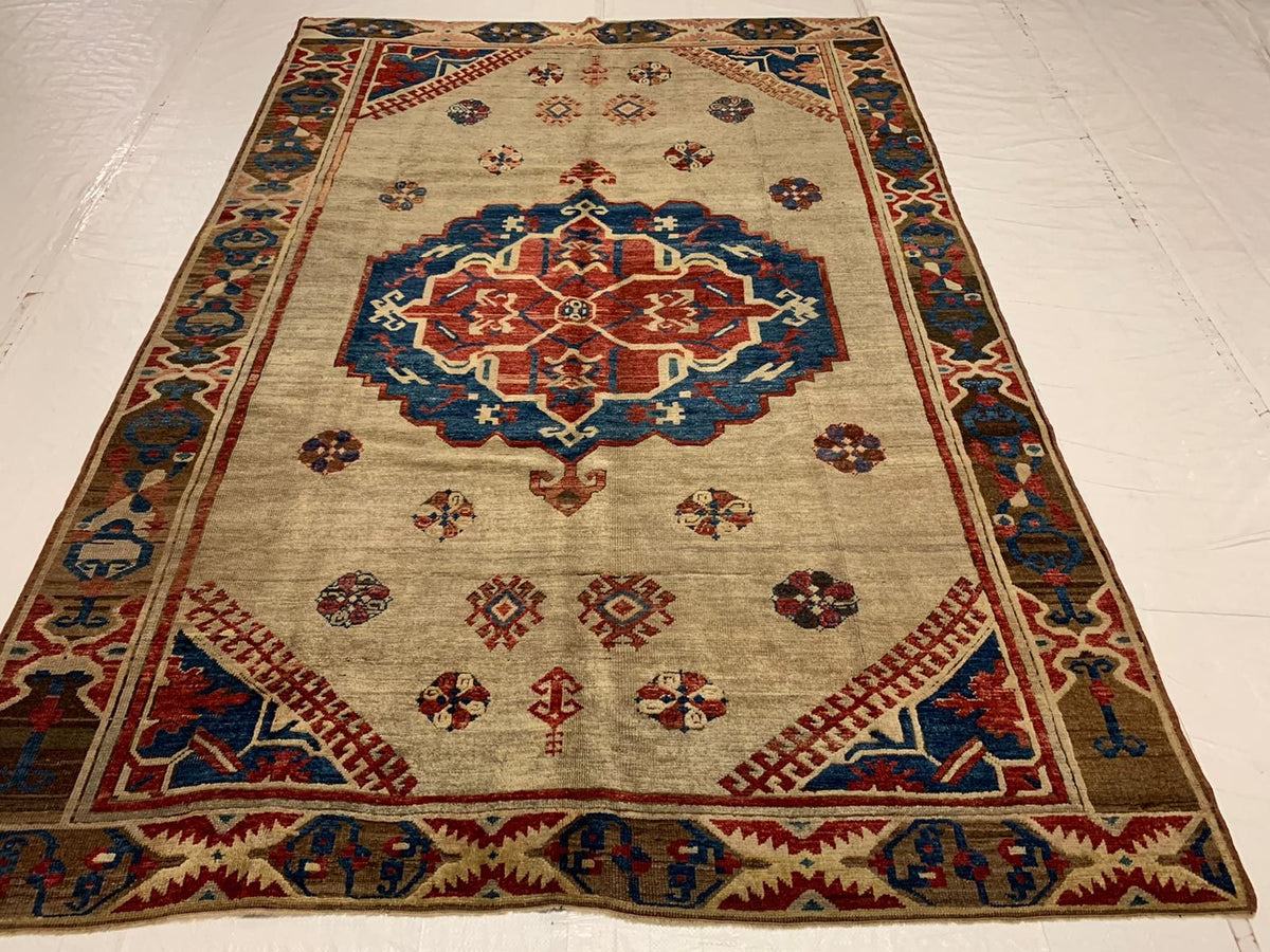 6x8 Ivory and Navy Kazak Tribal Rug