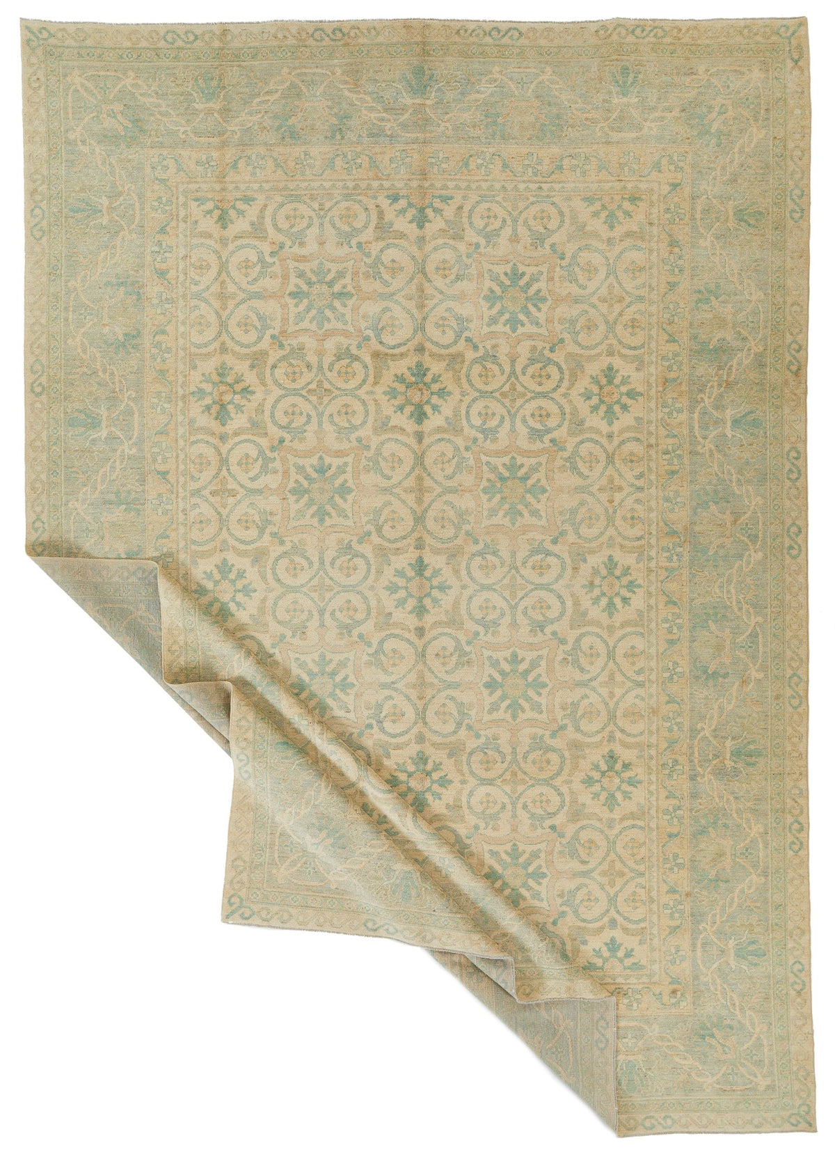 10x14 Ivory and Green Turkish Traditional Rug