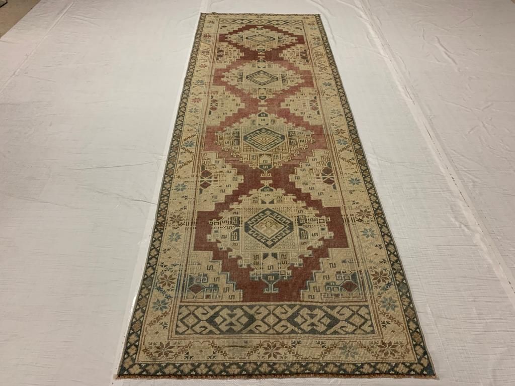 3x9 Purple and Beige Turkish Tribal Runner
