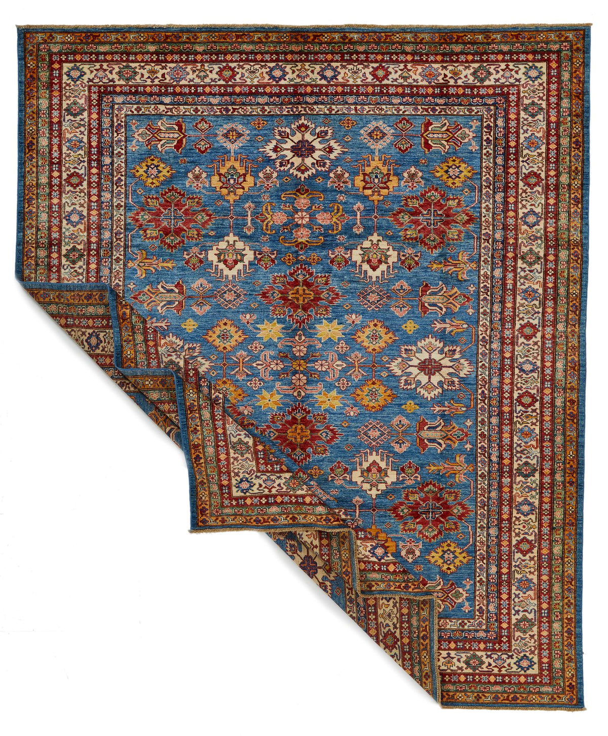 8x10 Blue and Ivory Kazak Tribal Rug