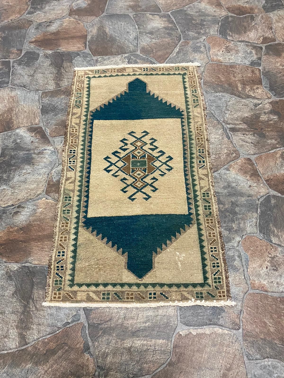 2x3 Ivory and Blue Turkish Tribal Rug