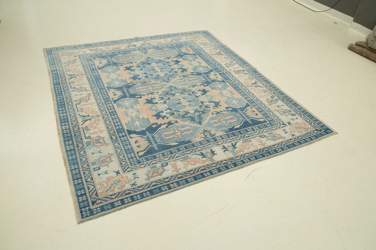 6x6 Blue and Ivory Turkish Tribal Rug