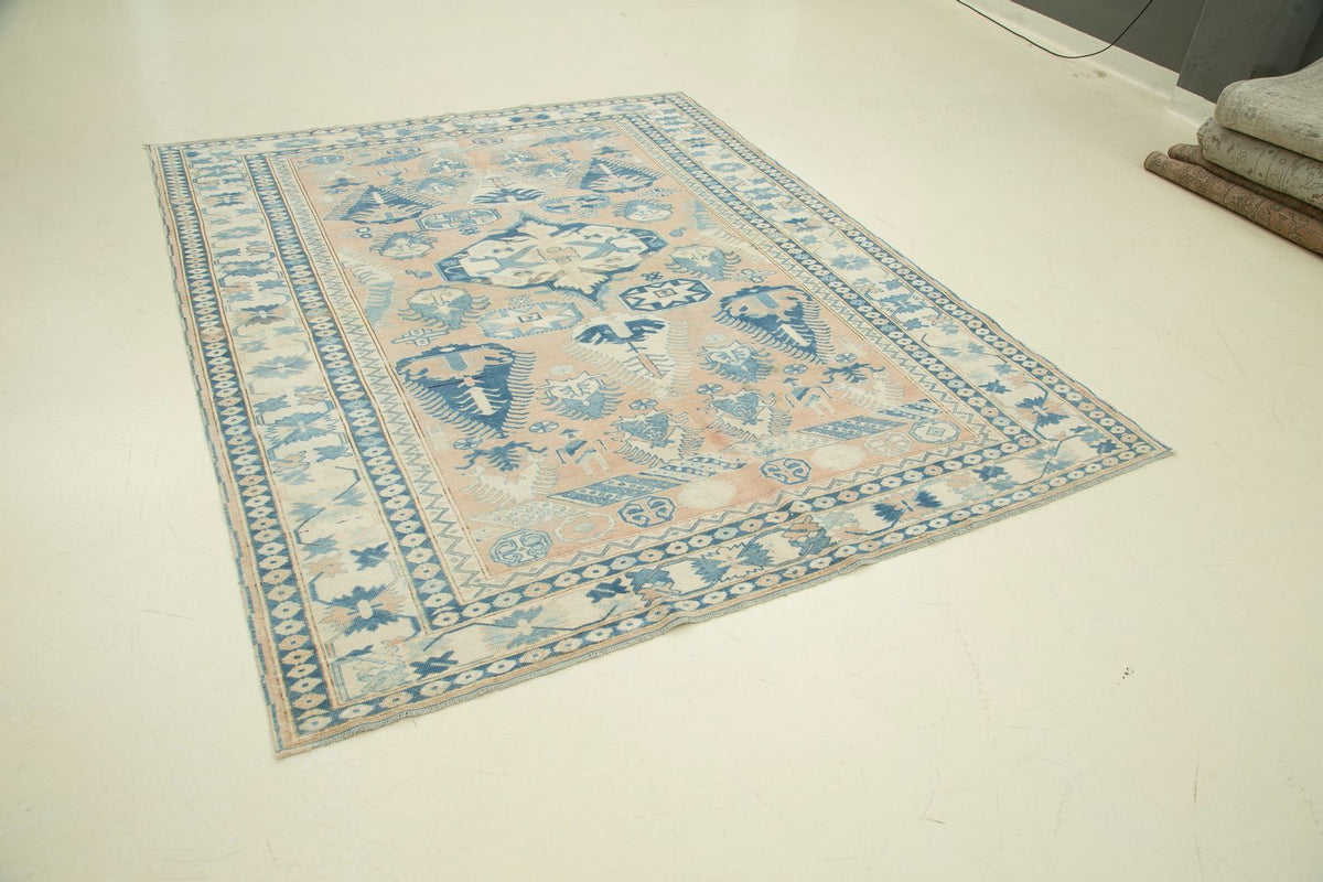 7x8 Pink and Blue Turkish Tribal Rug