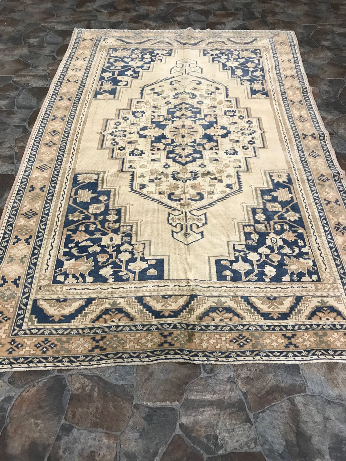 6x10 Blue and Beige Turkish Tribal Rug