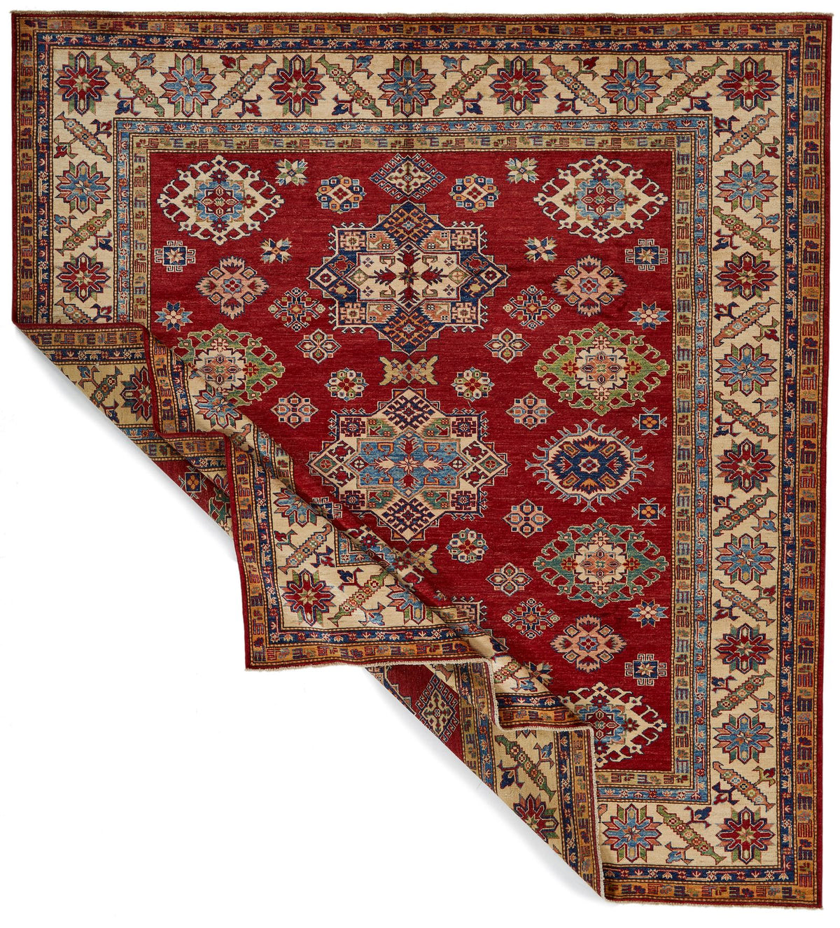 8x9 Red and Ivory Kazak Tribal Rug