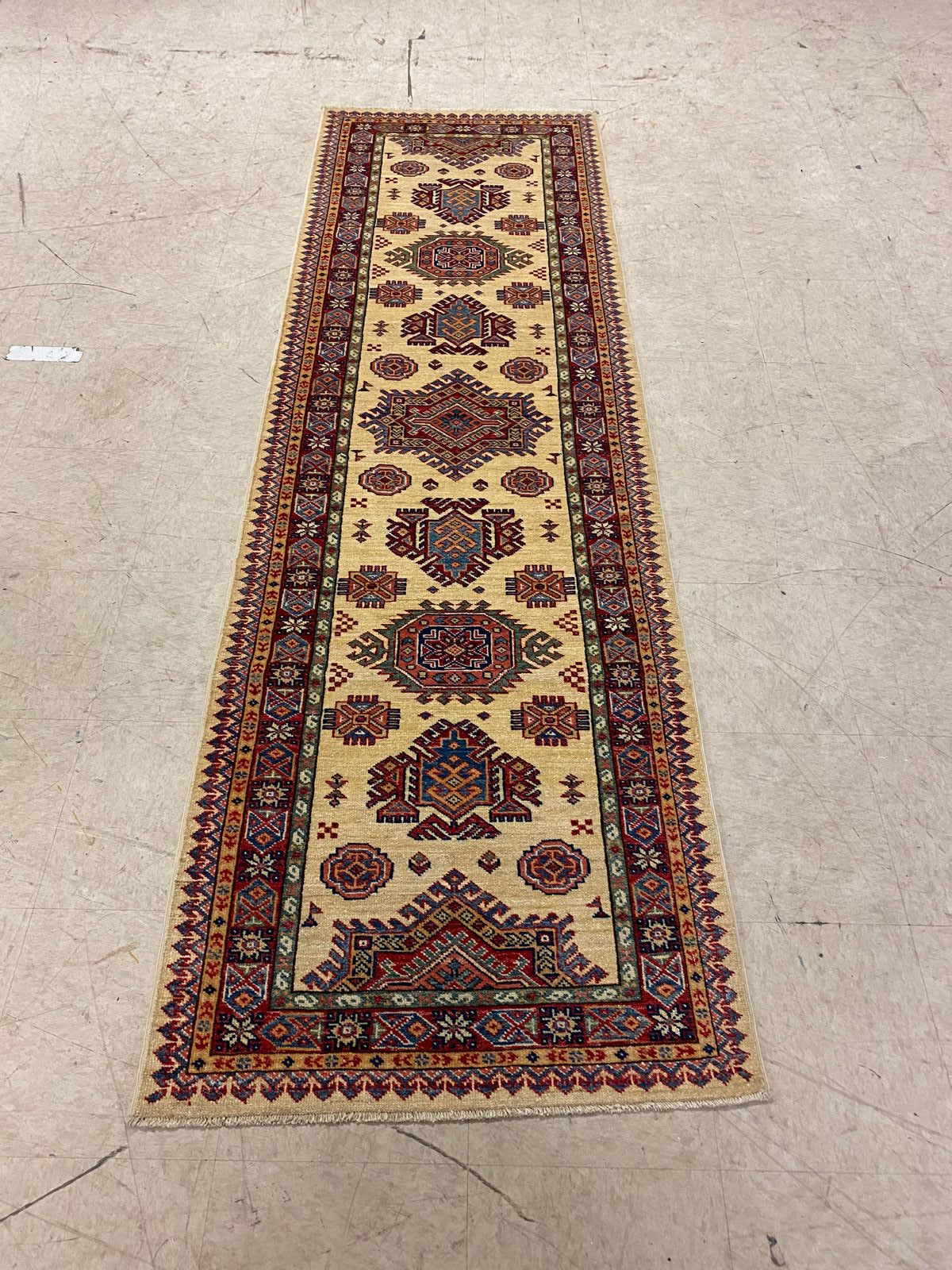 3x8 Ivory and Red Kazak Tribal Runner