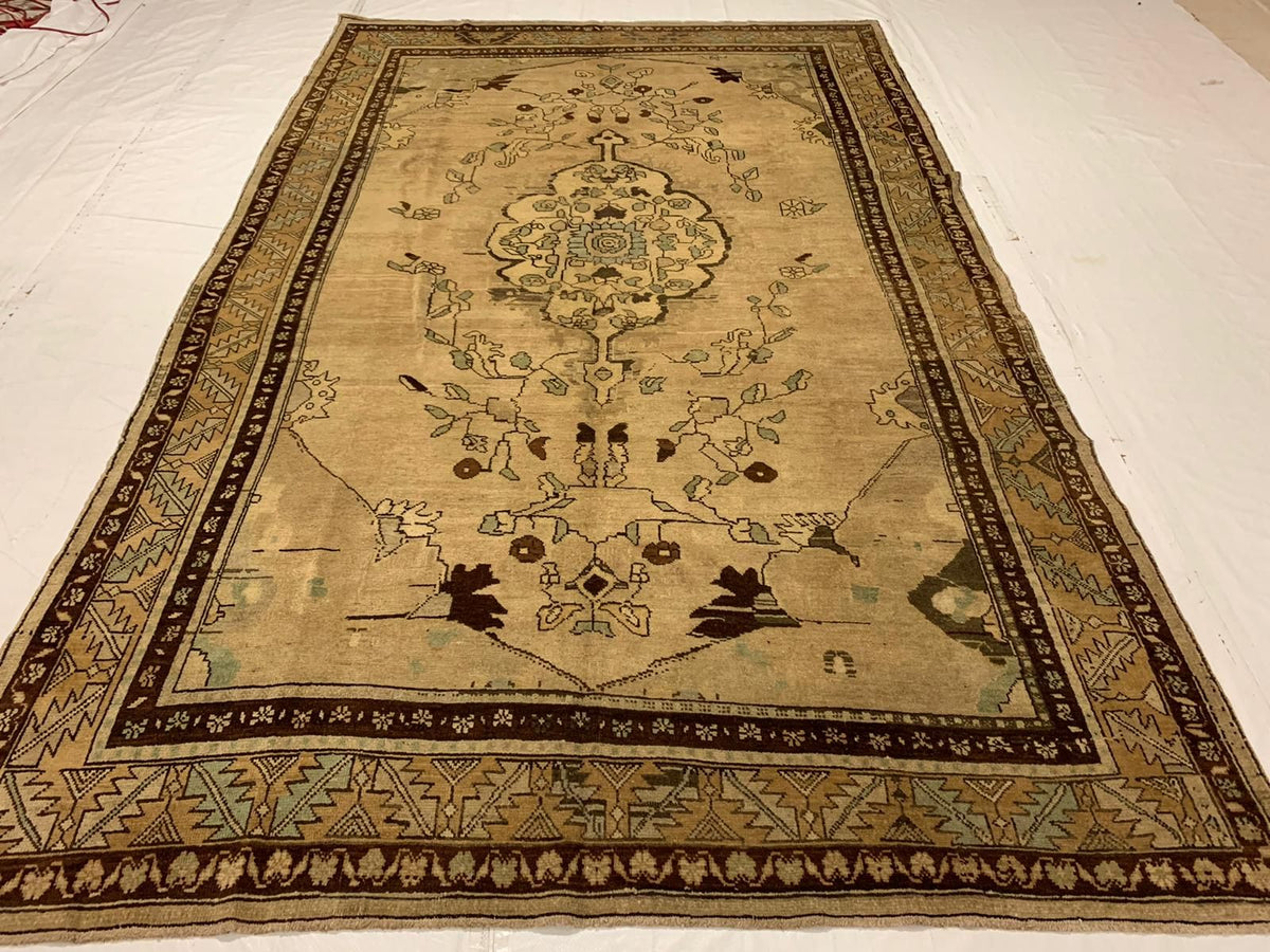 7x11 Beige and Ivory Turkish Tribal Rug