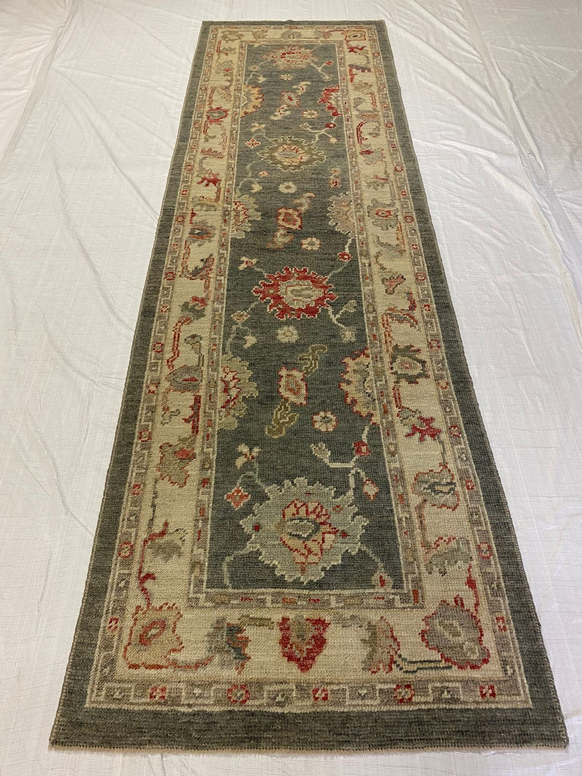 3x10 Gray and Off White Turkish Oushak Runner