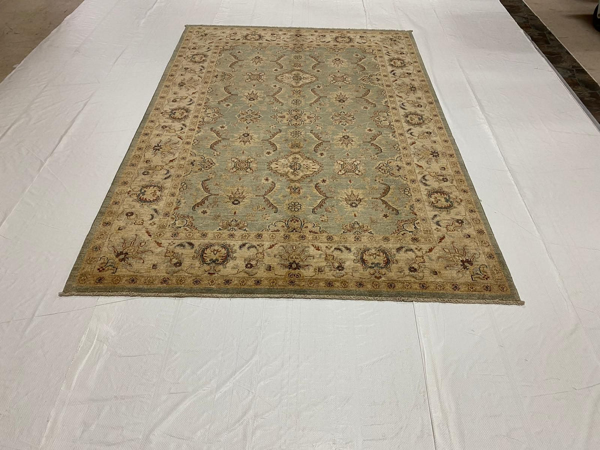 6x8 Blue and Ivory Turkish Oushak Rug