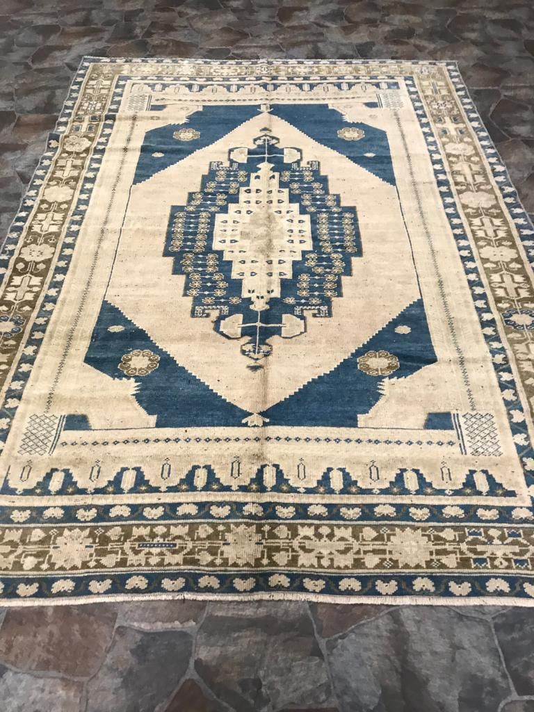 6x8 Blue and Beige Turkish Tribal Rug