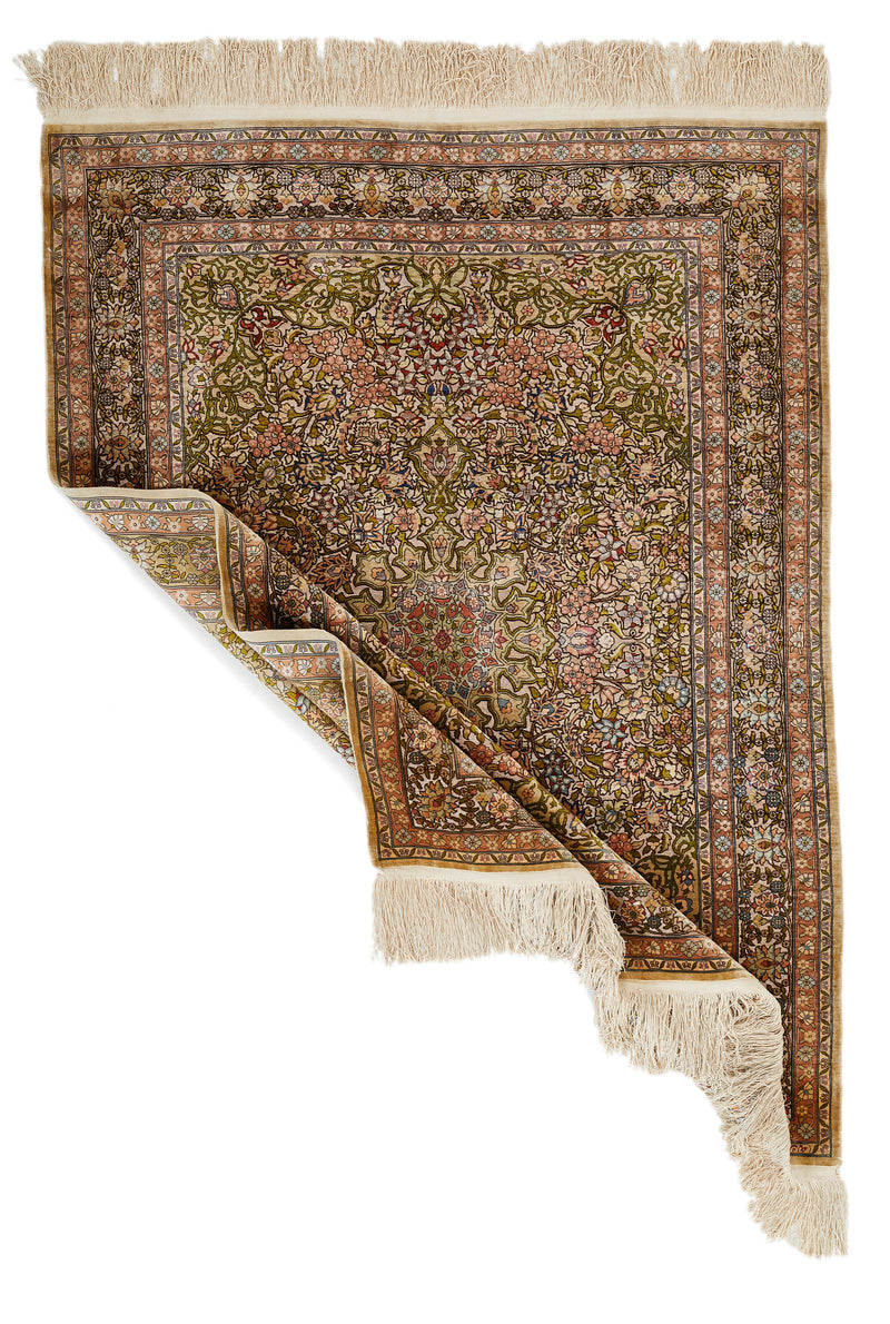 4x6 Ivory and Multicolor Turkish Silk Rug